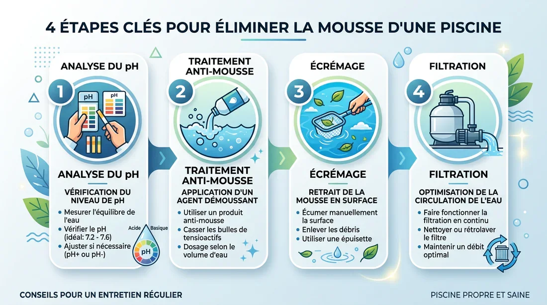 Plan d'action pour retrouver une eau de piscine claire Infographie résumant les étapes de traitement pour éliminer la mousse dans une piscine