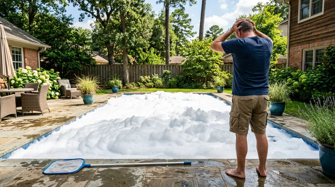 Mousse blanche dans la piscine : problème de surdosage ou d'eau Propriétaire inquiet devant sa piscine extérieure partiellement recouverte d'une épaisse mousse blanche