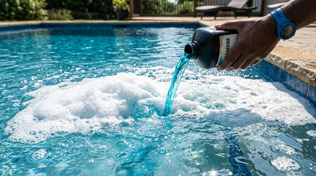 Surdosage de produit anti-algues versé dans l'eau de la piscine créant de la mousse