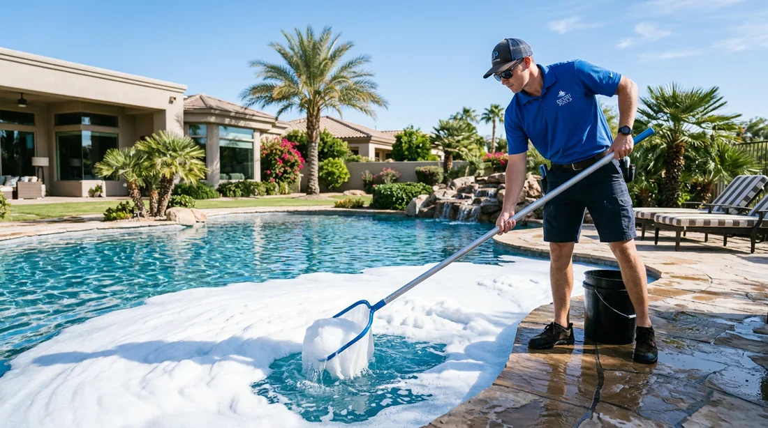 Nettoyage et élimination de la mousse à la surface du bassin Technicien retirant la mousse à la surface de la piscine avec une épuisette