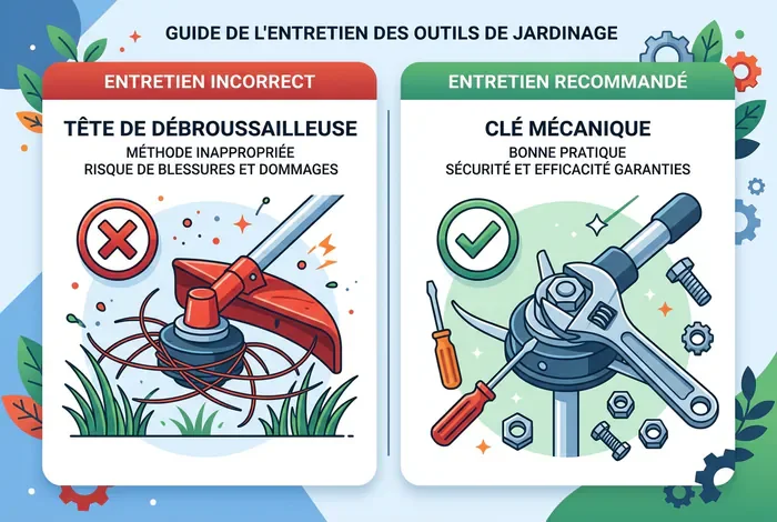 Tête débroussailleuse tourne tout le temps : Guide de réparation - 3 Solutions pour tête qui tourne - Pourquoi votre tête de débroussailleuse tourne sans arrêt ? Infographie avant après entretien débroussailleuse sécurité