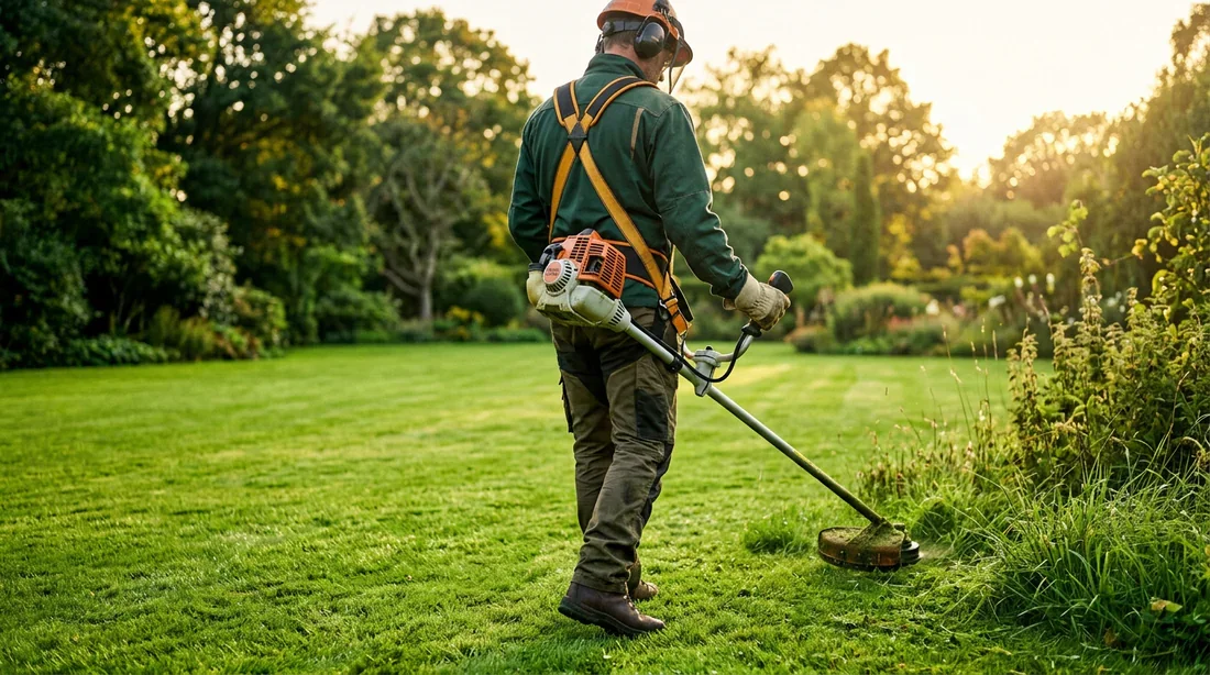 Jardinier professionnel préparant sa débroussailleuse thermique pour l'entretien d'un jardin