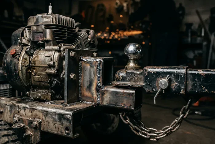 Gros plan sur l'attelage et le moteur d'une tondeuse tractée DIY