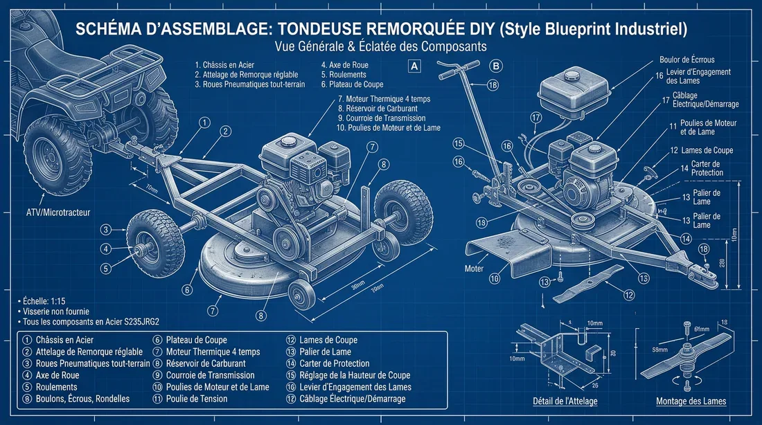 Schéma technique des composants d'une tondeuse tractée