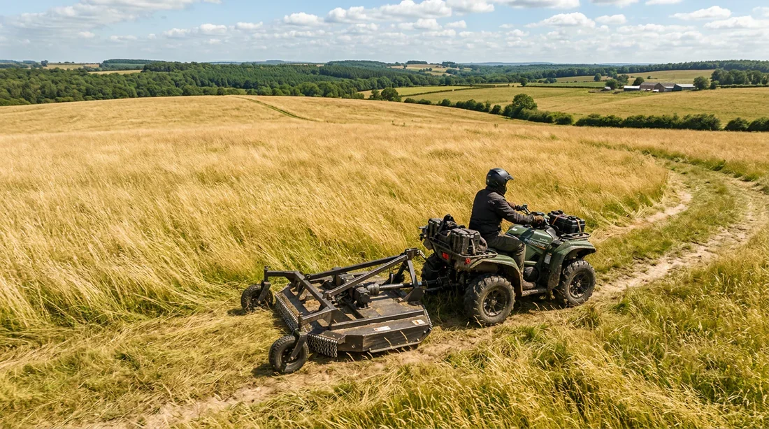 Un quad tractant une tondeuse robuste dans un grand pré ensoleillé