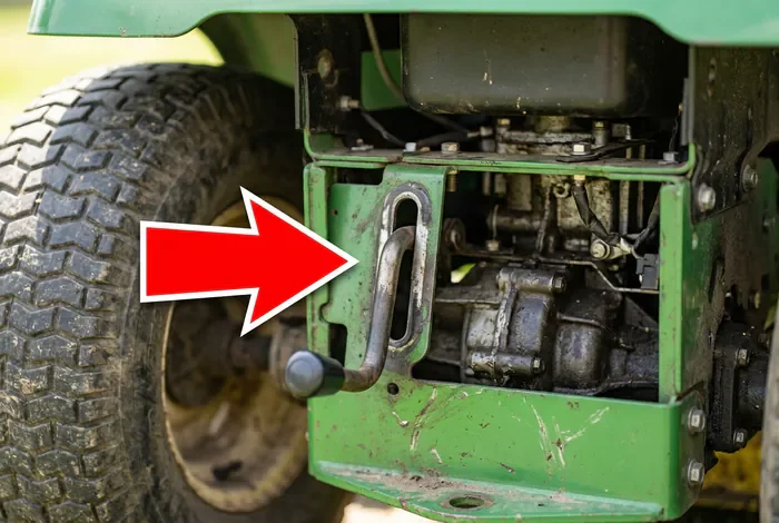 Tracteur tondeuse n'avance plus : 5 solutions - Panne tracteur tondeuse : le guide complet pour réparer - Votre tracteur tondeuse n'avance plus ? Voici comment le réparer Gros plan sur le levier de débrayage d'un tracteur tondeuse
