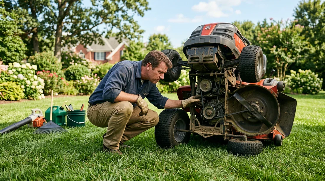 Propriétaire de jardin perplexe face à un tracteur tondeuse en panne