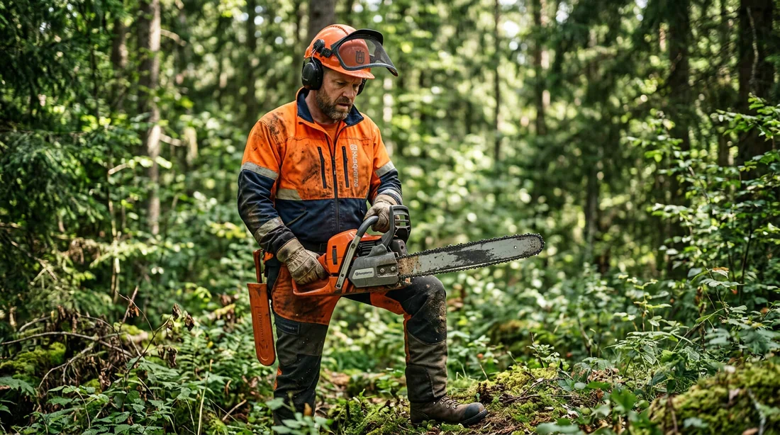 Bûcheron professionnel en tenue de sécurité observant sa tronçonneuse en forêt