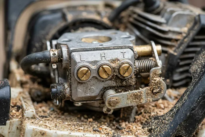 Tronçonneuse qui cale à l'accélération : 5 causes et solutions - Réparation tronçonneuse : le guide ultime en 5 étapes - Tronçonneuse qui cale : que faire pour la réparer ? Gros plan sur les vis de réglage L, H et T d'un carburateur de tronçonneuse