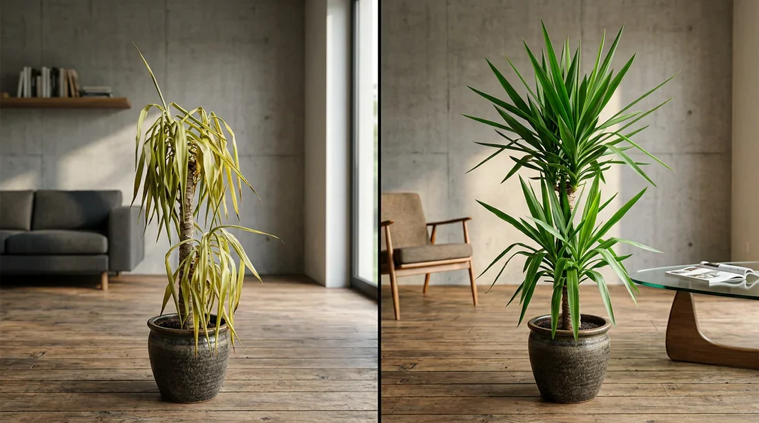 Comparaison d'un Yucca malade et d'un Yucca en bonne santé pour illustrer l'entretien