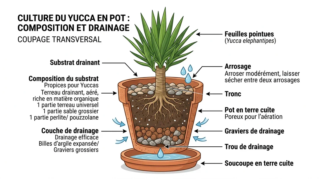 Schéma explicatif du rempotage et drainage idéal pour un Yucca