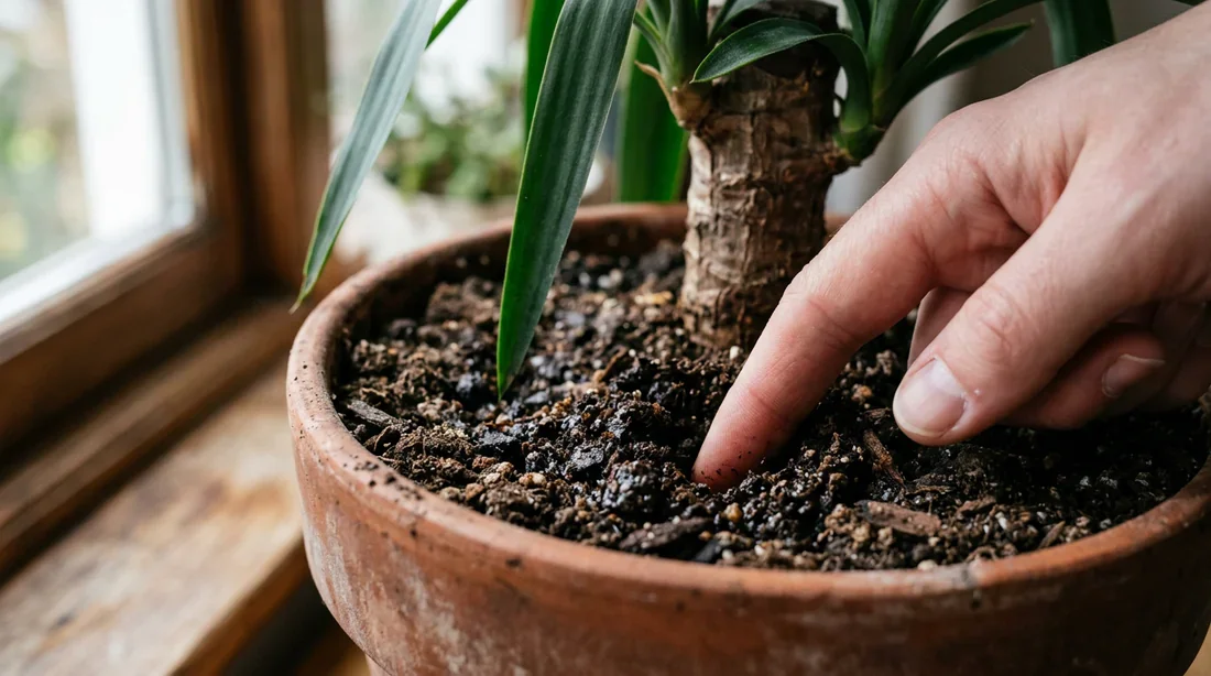 Vérification de l'humidité du terreau d'un Yucca