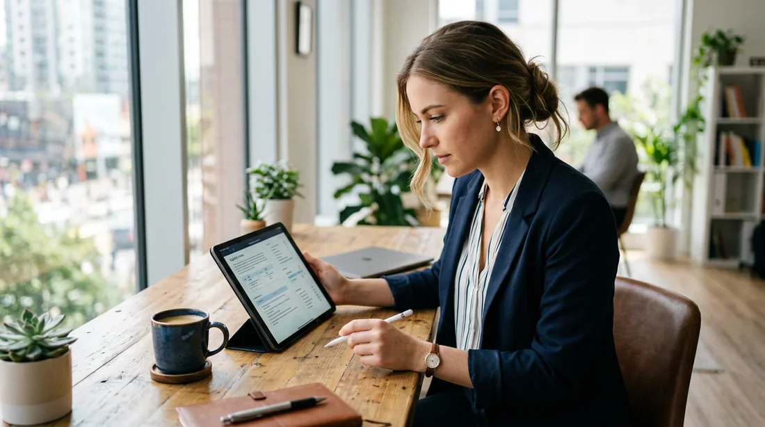 Salarié vérifiant son éligibilité aux aides au logement sur tablette.