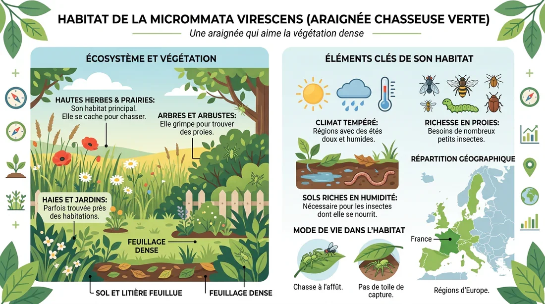 Où vit l'araignée Micrommata virescens Infographie sur l'habitat naturel de l'araignée verte