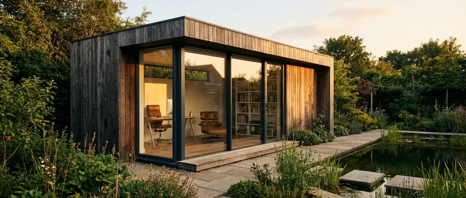 Studio de jardin moderne Greenkub en bois avec grandes baies vitrées dans un jardin paysager au coucher du soleil.