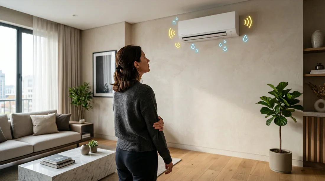 Problème de fuite et bruit sur climatiseur mural Personne inquiète devant sa climatisation murale qui fait du bruit et fuit dans un salon moderne