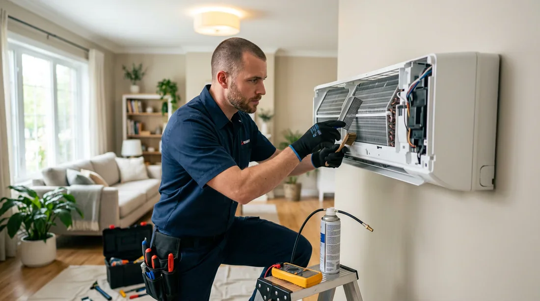 Entretien professionnel d'un climatiseur Technicien professionnel nettoyant le système de drainage d'une climatisation