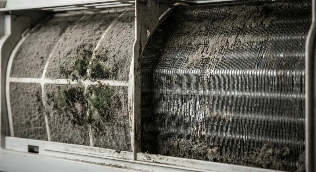 Accumulation de poussière et de moisissures sur les filtres d'un climatiseur.