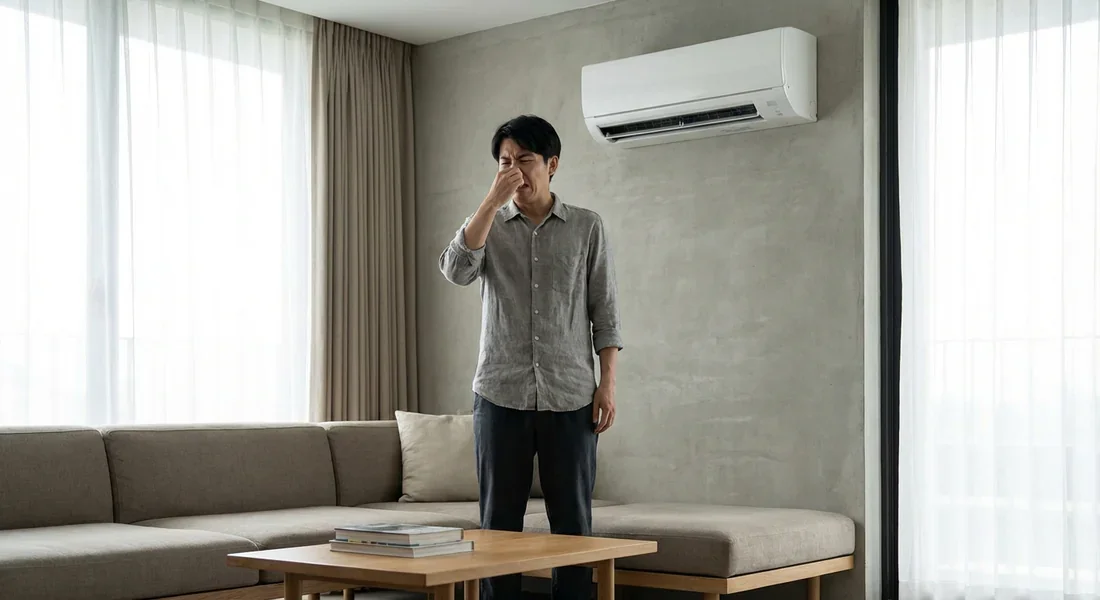 Homme dégoûté par une odeur de poisson provenant de son climatiseur mural dans un salon moderne.