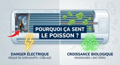Infographie illustrant les causes électriques et biologiques de l'odeur de poisson du climatiseur.