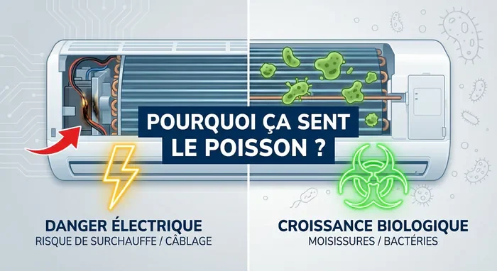 Clim qui sent le poisson : Causes & Solutions - Clim qui sent le poisson ? 3 signes de danger ! - Odeur de poisson clim : Pourquoi et que faire ? Infographie illustrant les causes électriques et biologiques de l'odeur de poisson du climatiseur.