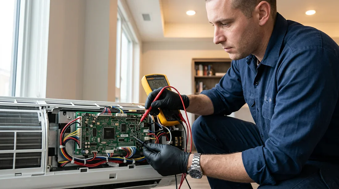 Technicien réalisant le diagnostic électrique d'une unité de climatisation