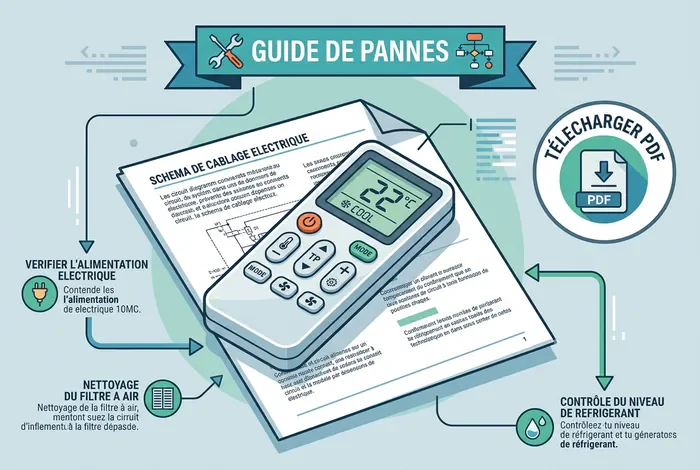 Code Erreur Climatiseur : Le Guide Complet + PDF Gratuit - Clim en Panne ? +200 Codes Erreur Climatiseur (PDF Gratuit) - Comment Résoudre un Code Erreur Climatiseur ? (Guide PDF) Télécommande de climatisation pose sur un guide de pannes téléchargeable en PDF