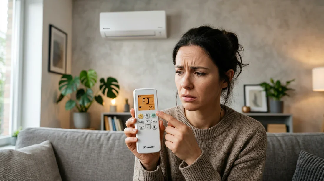 Télécommande Daikin affichant l'erreur F3 Personne inquiète tenant une télécommande de climatisation Daikin affichant le code erreur F3