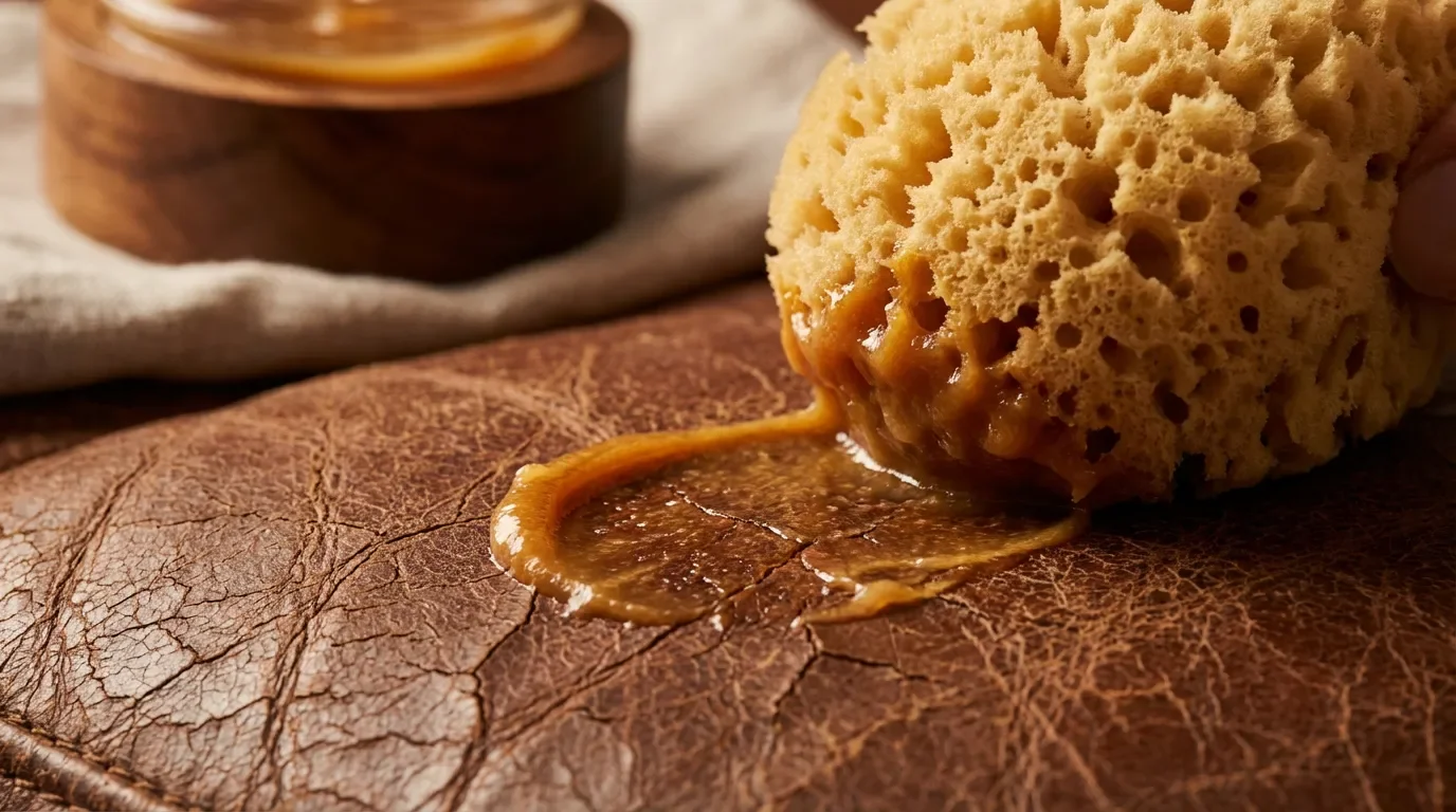 Application d'un baume nourrissant sur un cuir craquelé pour l'hydrater en profondeur