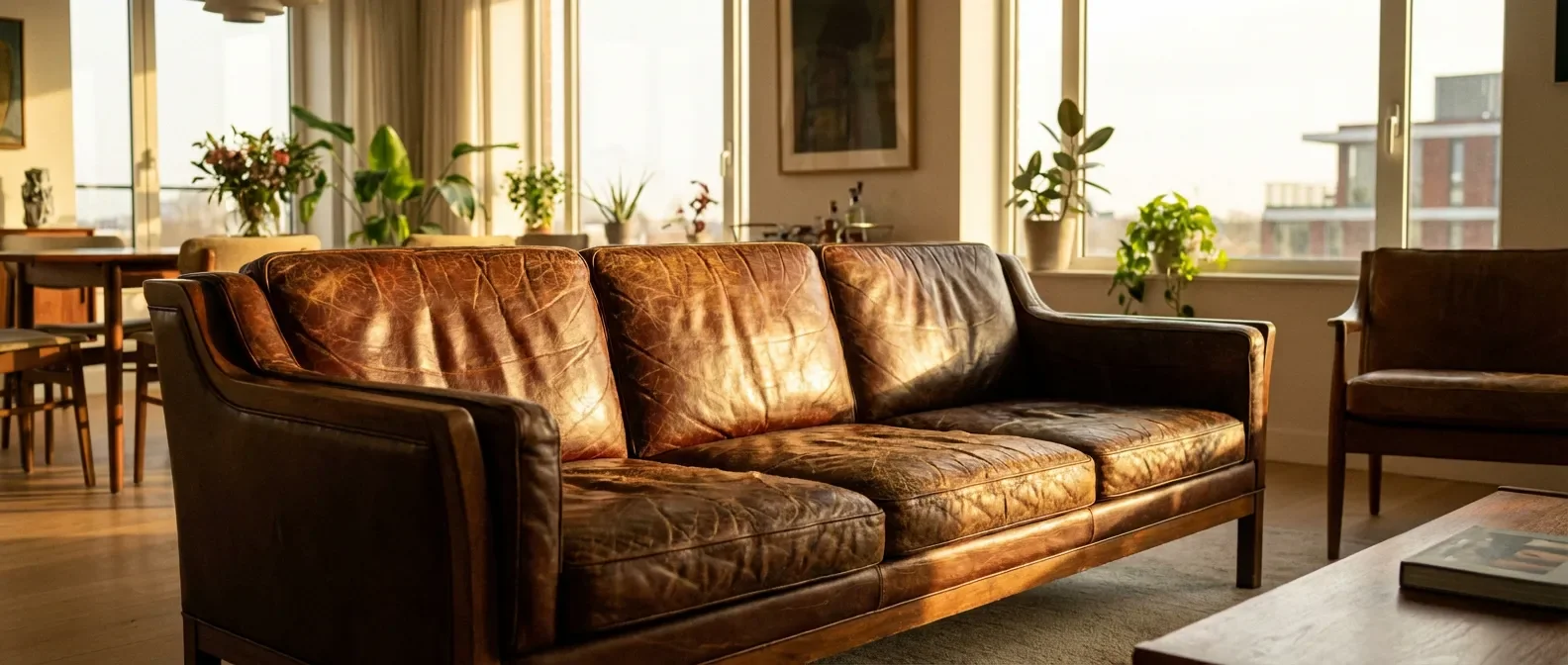 Canapé en cuir ancien avec des craquelures élégantes dans un salon luxueux baigné de lumière