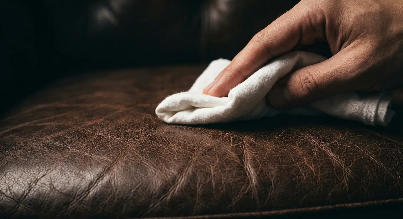 Gros plan sur le nettoyage d'une surface en cuir craquelé
