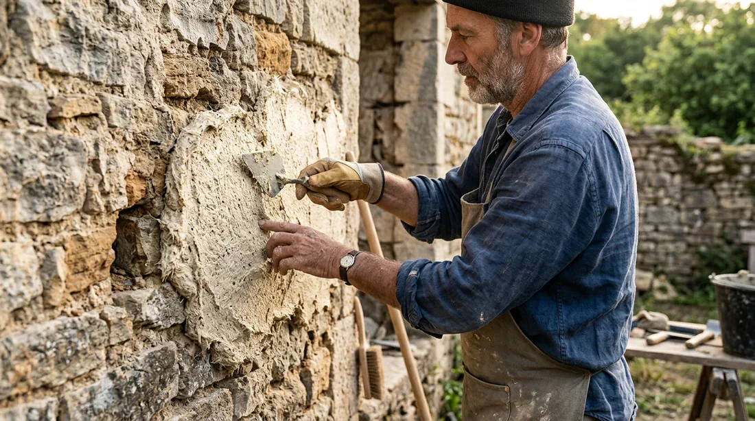 Pose de la première couche d'accroche de l'enduit chaux-chanvre