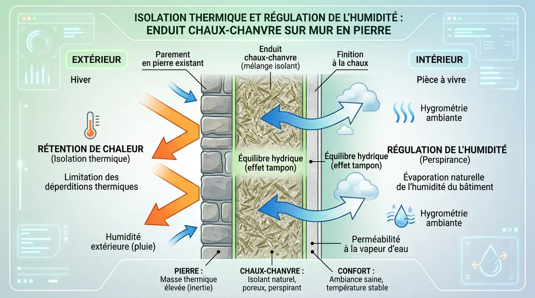 Schéma des propriétés d'isolation thermiques et hygrométriques de l'enduit chaux-chanvre