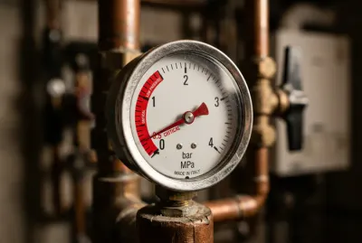 Gros plan d'un manomètre de pression d'eau avec aiguille dans la zone rouge sous 0.5 bar.