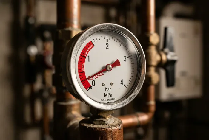 Défaut 7H Daikin : causes et 4 solutions simples - Erreur 7H Daikin : 4 astuces pour relancer votre PAC - Défaut 7H Daikin : comment réparer votre PAC seul ? Gros plan d'un manomètre de pression d'eau avec aiguille dans la zone rouge sous 0.5 bar.