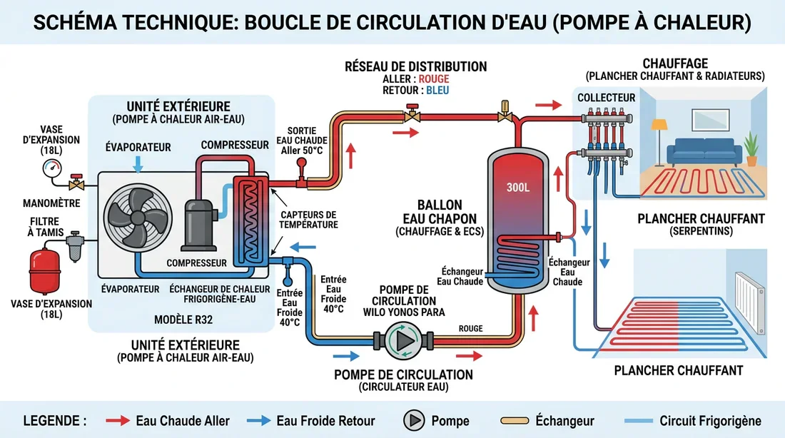 Comprendre le problème de débit d'eau et l'erreur 7H Schéma explicatif de la circulation du flux d'eau dans une pompe à chaleur.