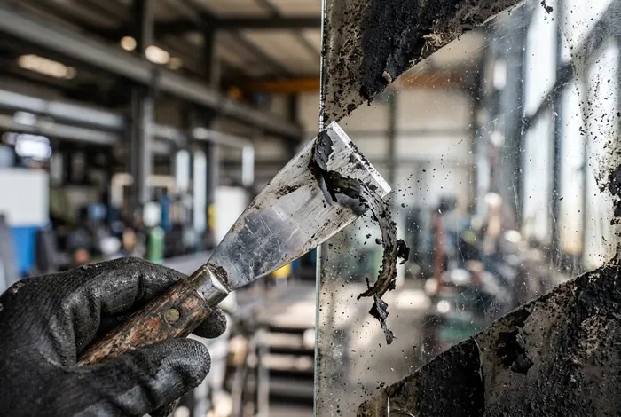Enlever plastique fondu sur vitre poêle : Guide 2024 - Plastique fondu sur vitre de poêle : La méthode infaillible - Comment nettoyer du plastique fondu sur une vitre de poêle ? Gros plan grattage suie sur vitre de poêle