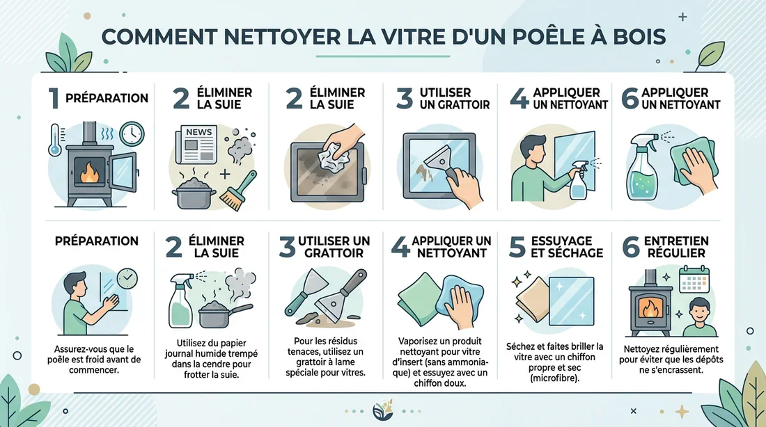 Infographie étapes nettoyage vitre poêle à bois