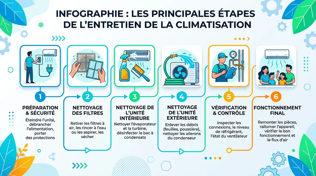 Étapes clés de la maintenance de climatisation Schéma explicatif des étapes de maintenance d'une climatisation