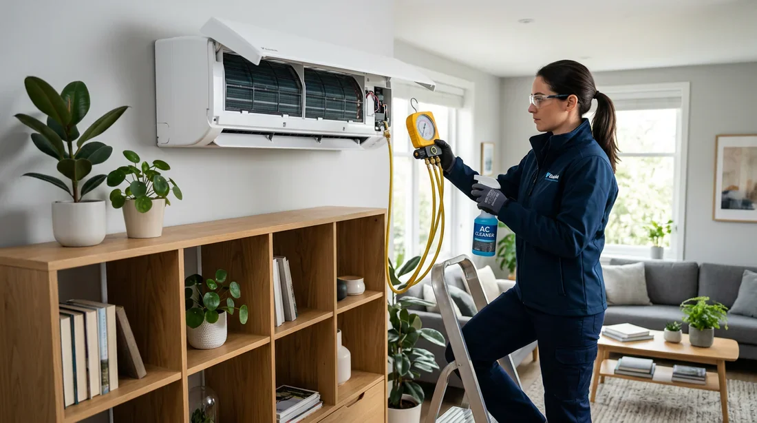 Entretien et contrôle d'une climatisation par un technicien Technicien professionnel contrôlant et nettoyant une unité de climatisation murale