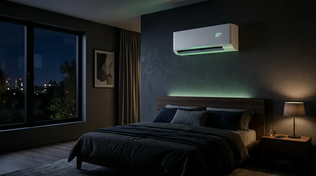 Climatisation Daikin en mode nuit dans une chambre Climatiseur mural Daikin design dans une chambre sombre avec voyant vert discret la nuit