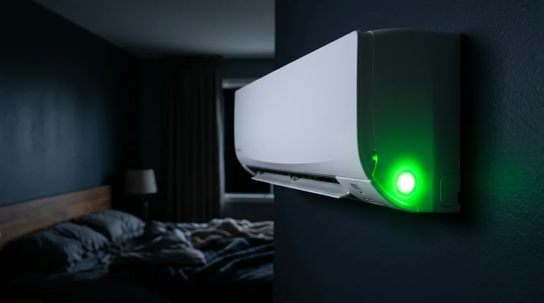 Voyant LED vert allumé sur climatiseur mural dans le noir Gros plan sur la façade d'un climatiseur mural avec un voyant LED vert brillant dans une chambre sombre