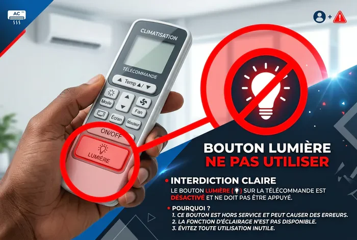 Éteindre le Voyant Vert Clim Fujitsu Atlantic : 2 min - Clim Fujitsu Atlantic : Supprimez le Voyant Vert ! - Comment Éteindre le Voyant Vert Clim Fujitsu ? Télécommande de climatisation tenue en main avec un cercle rouge ciblant le bouton pour éteindre le voyant LED