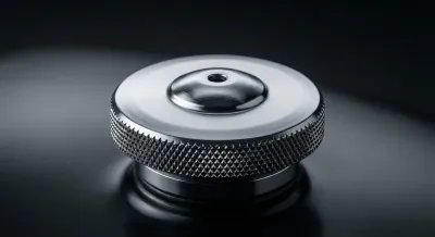 Gros plan minimaliste d'un bouchon d'évent de cuve à fioul en métal brillant.