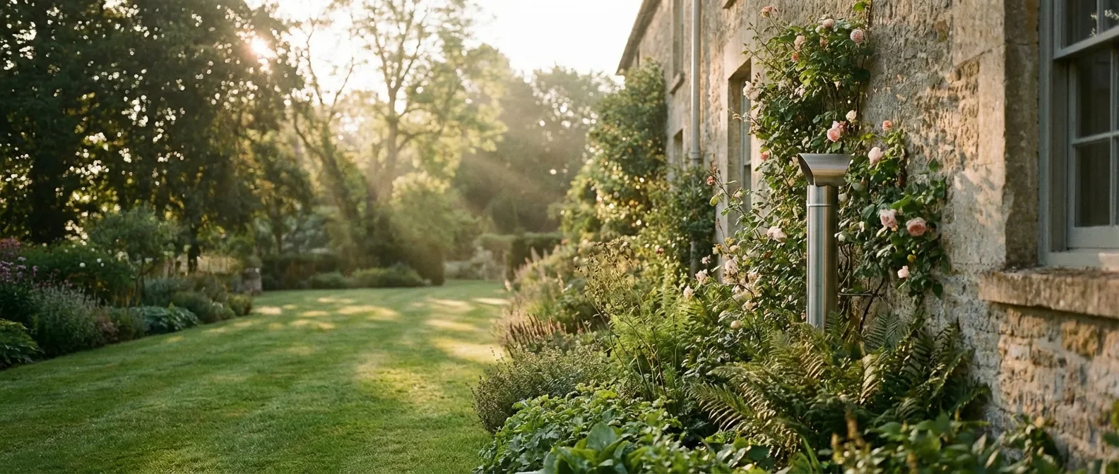 Vue cinématique d'un évent de cuve à fioul parfaitement intégré dans un jardin paysager de luxe.