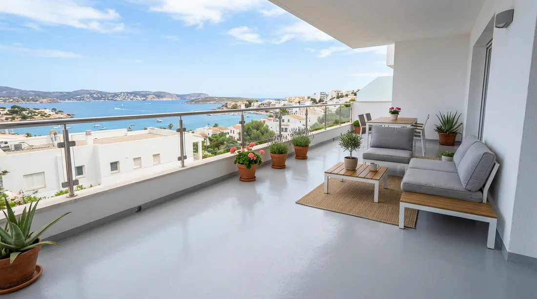 Résultat final après rénovation et étanchéité du balcon Balcon en béton complètement rénové avec un revêtement d'étanchéité neuf