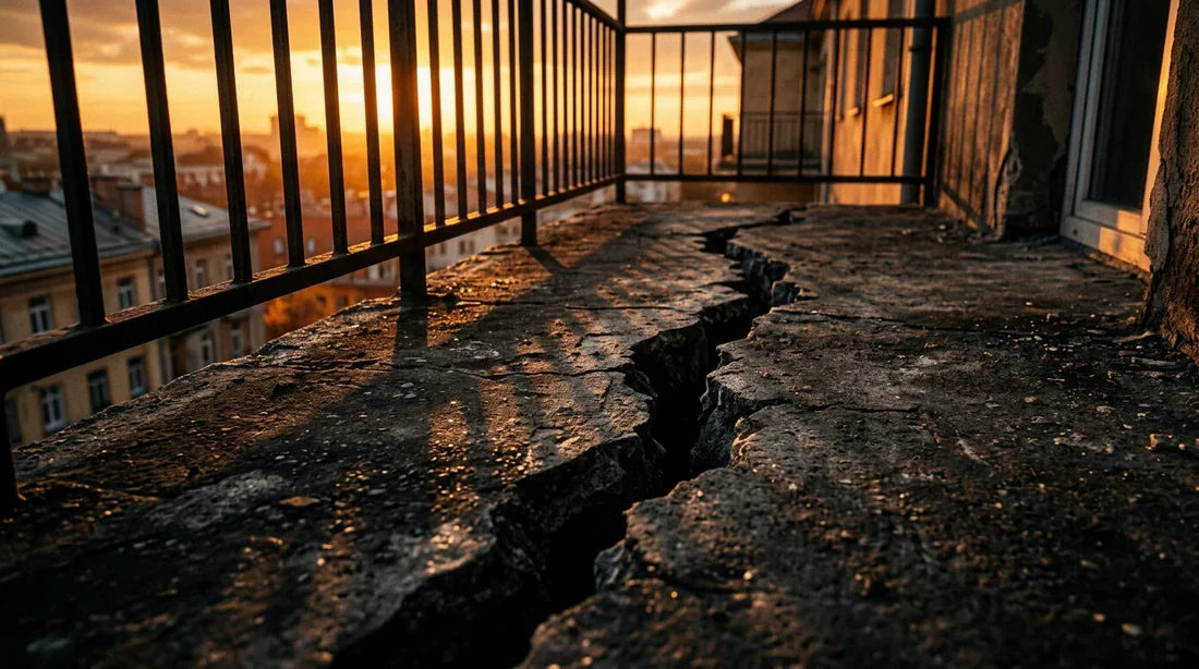 Fissure de balcon en béton à réparer Fissure importante sur le sol d'un balcon extérieur en béton sous une lumière dramatique