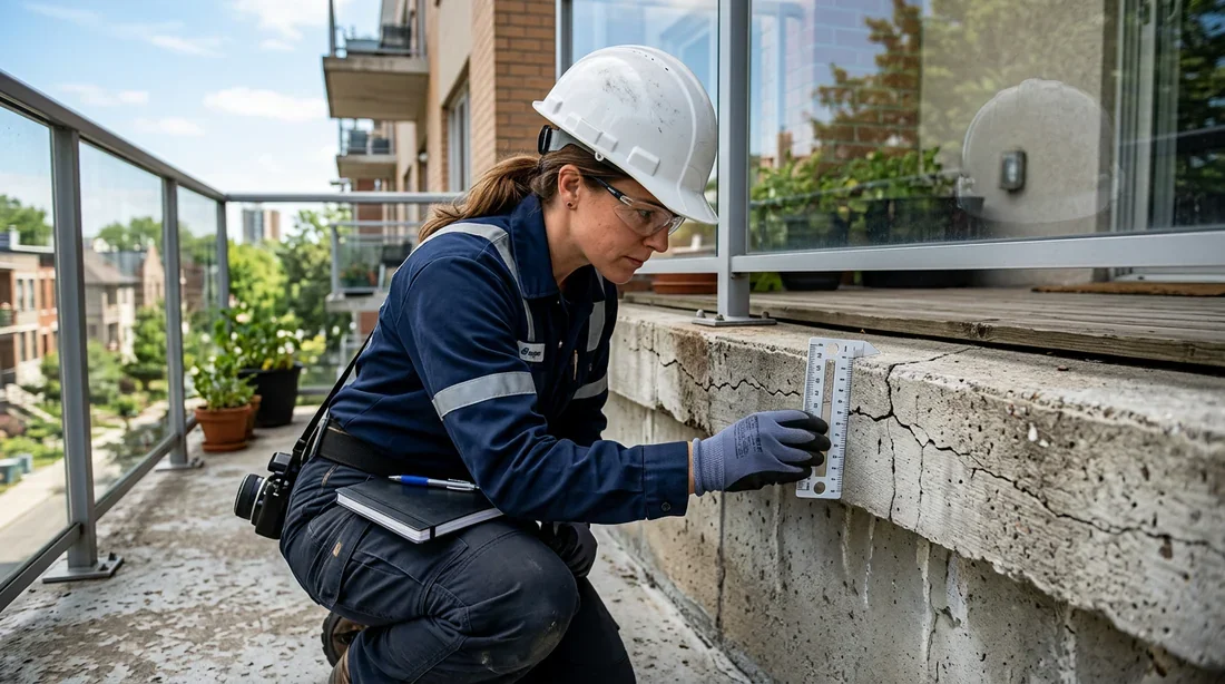 Diagnostic professionnel des fissures de balcon Inspecteur en bâtiment évaluant les fissures et la sécurité d'un balcon en béton