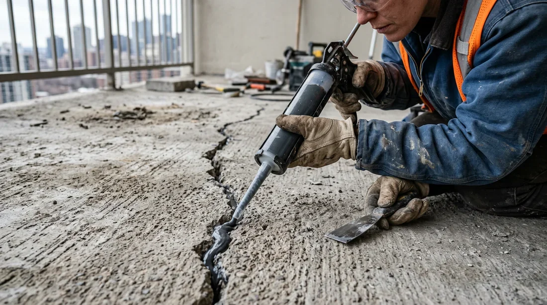 Travaux de colmatage et réparation du béton Réparation d'une fissure de balcon avec injection de résine époxy