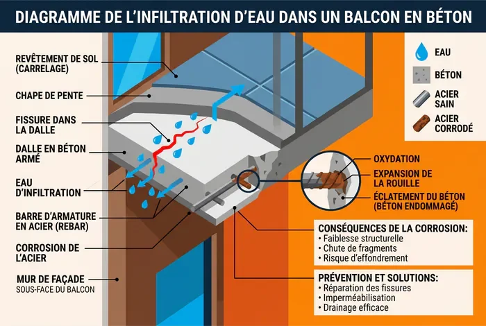 Schéma explicatif de l'infiltration d'eau dans la structure en béton d'un balcon